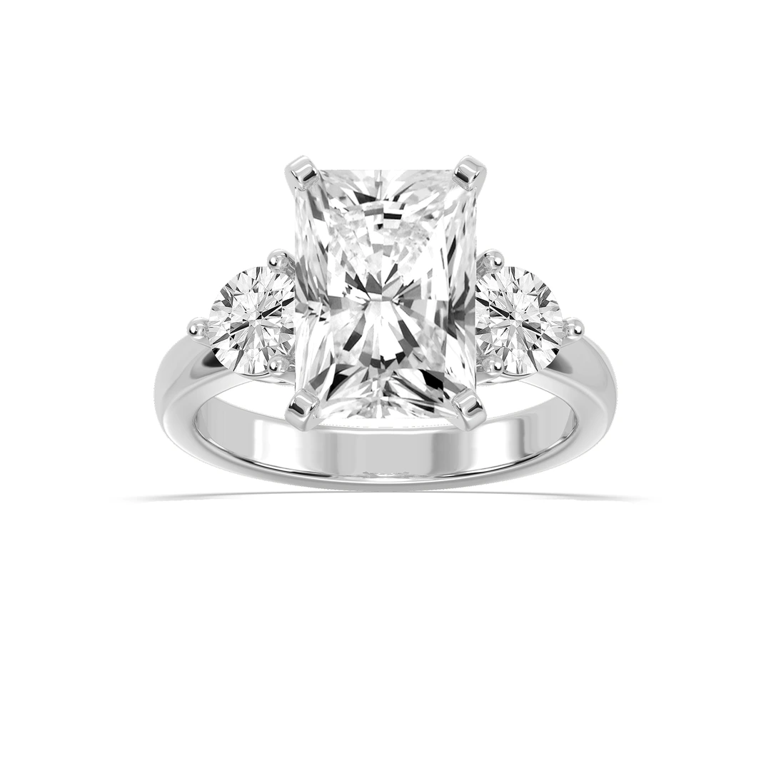Radiant Lab Grown Diamond Round Sides Three Stone Engagement Ring