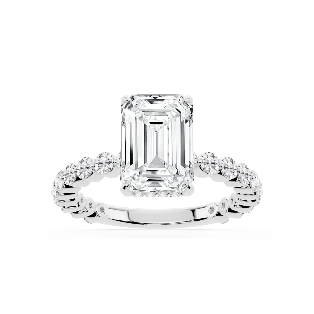 Emerald Lab Grown Diamond Single Shared Prong Hidden Halo Engagement Ring