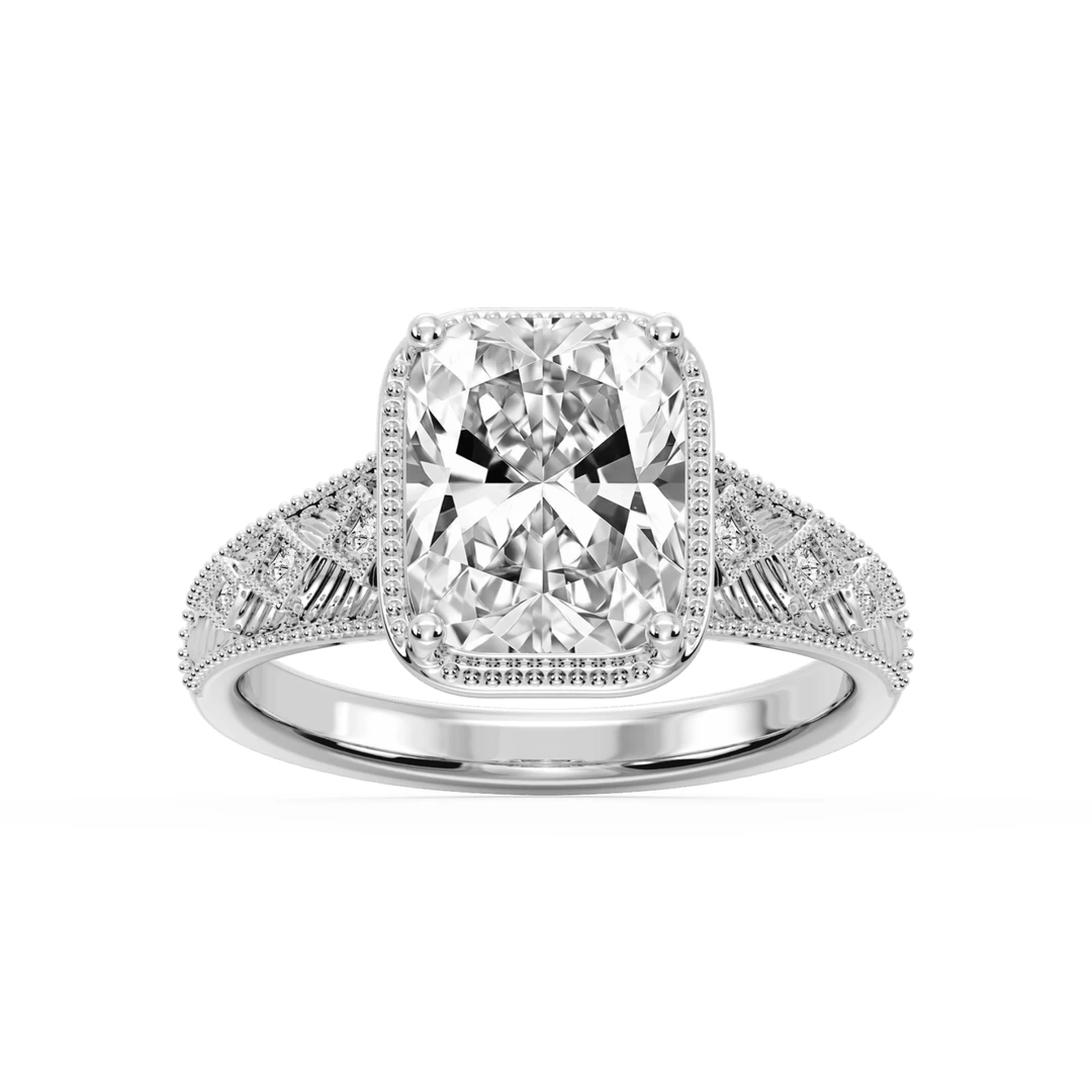 Old Mine Cushion Lab Grown Diamond Etched Milgrain Side Stone Engagement Ring