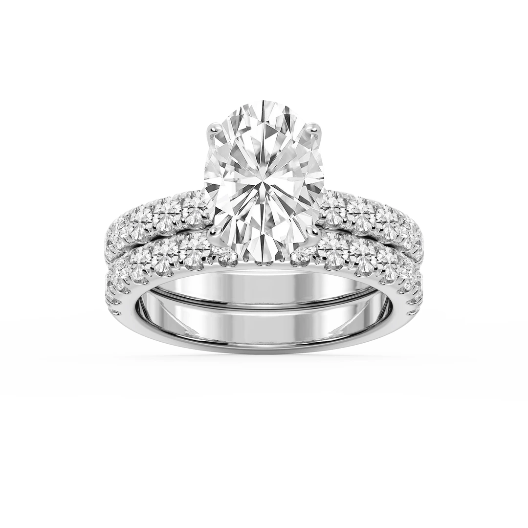 Oval Lab Grown Diamond Classic Prong and Scooped Hidden Halo Wedding Set