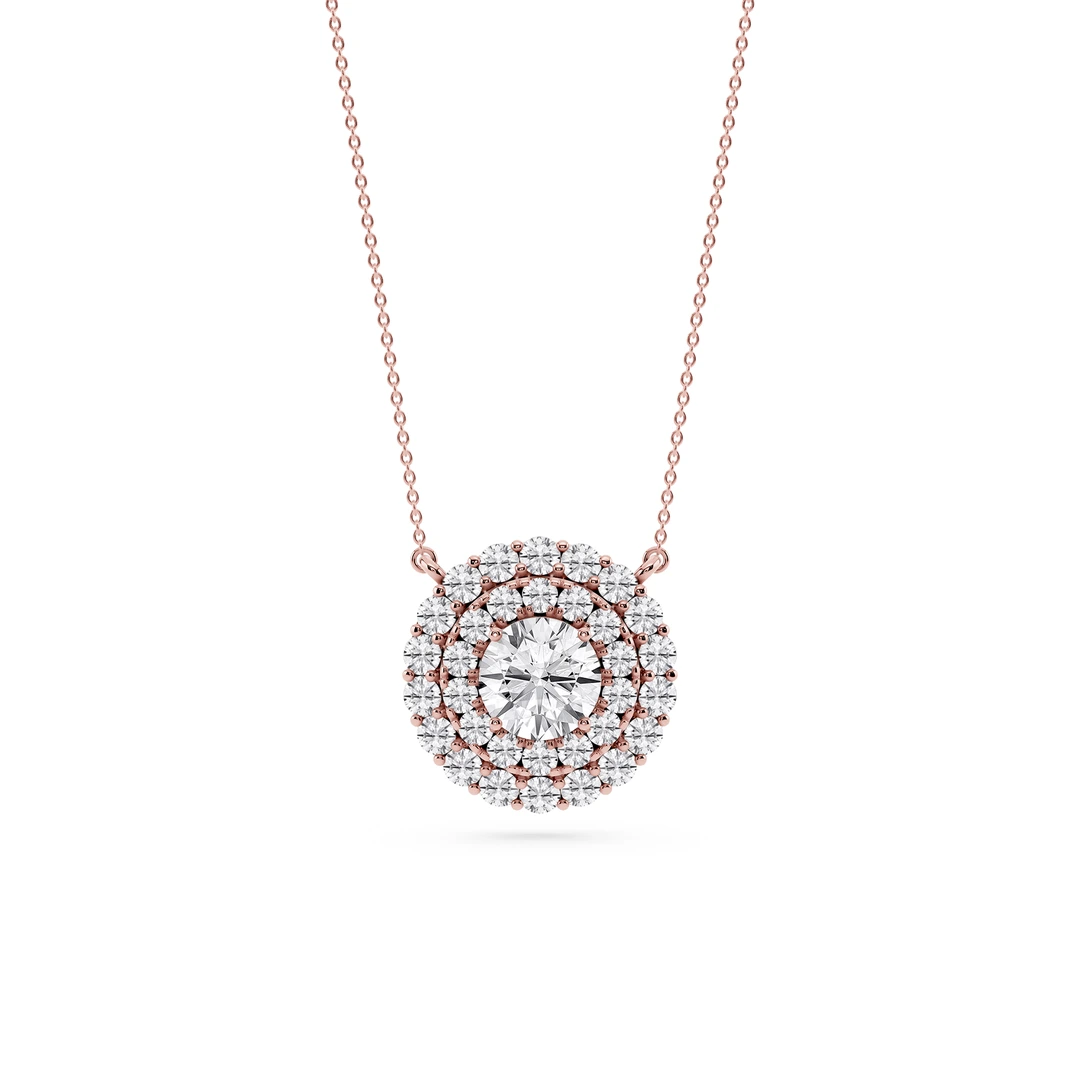 Round Lab Grown Diamond Double Halo Pendant -18 Inches