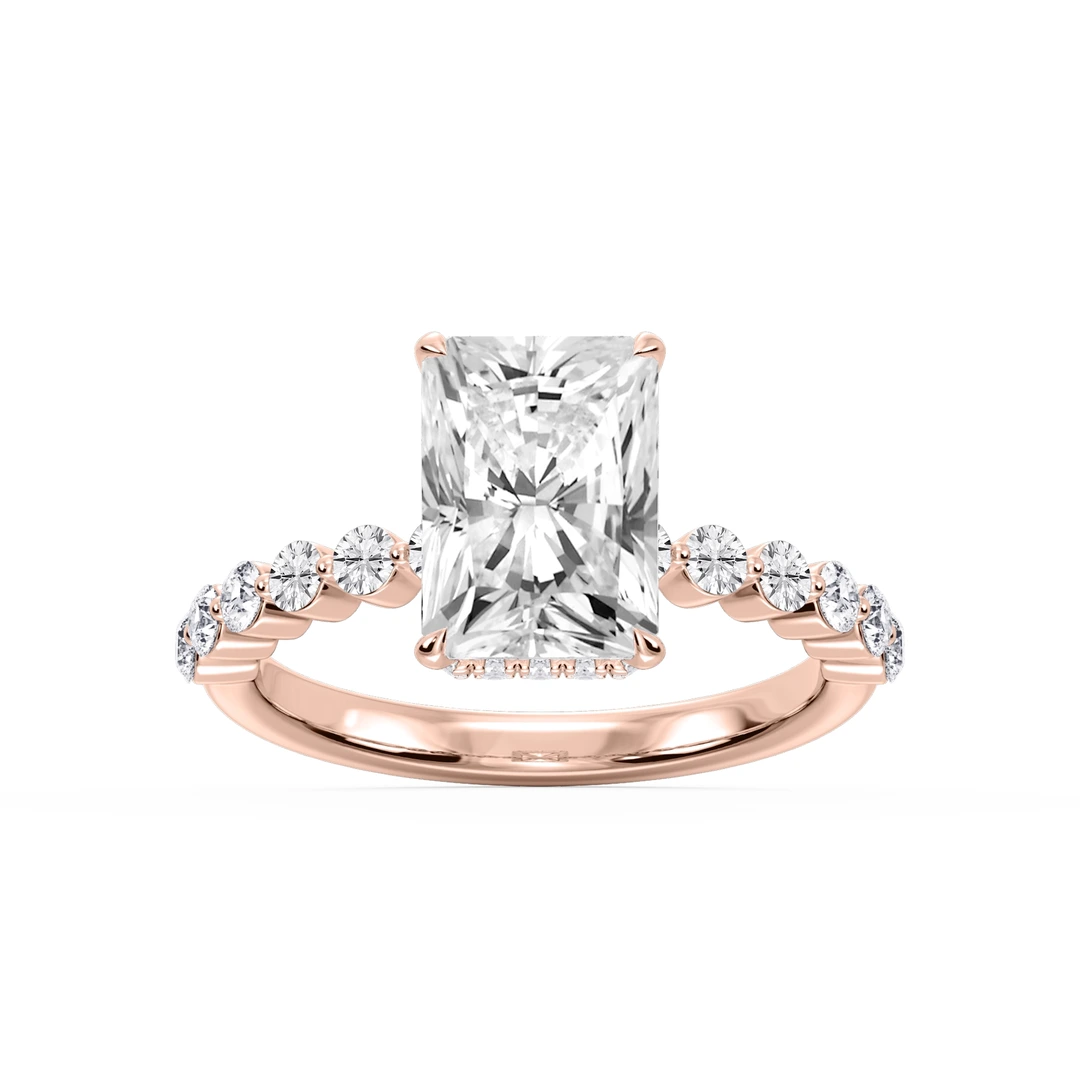 Radiant Lab Grown Diamond Single Shared Prong Collar Hidden Halo Engagement Ring