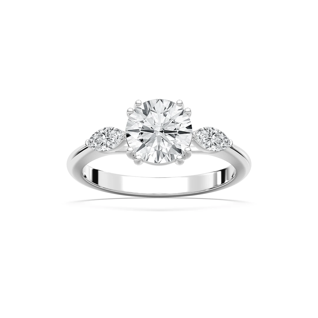 Round Lab Grown Diamond with Marquise Sides Three Stone Engagement Ring