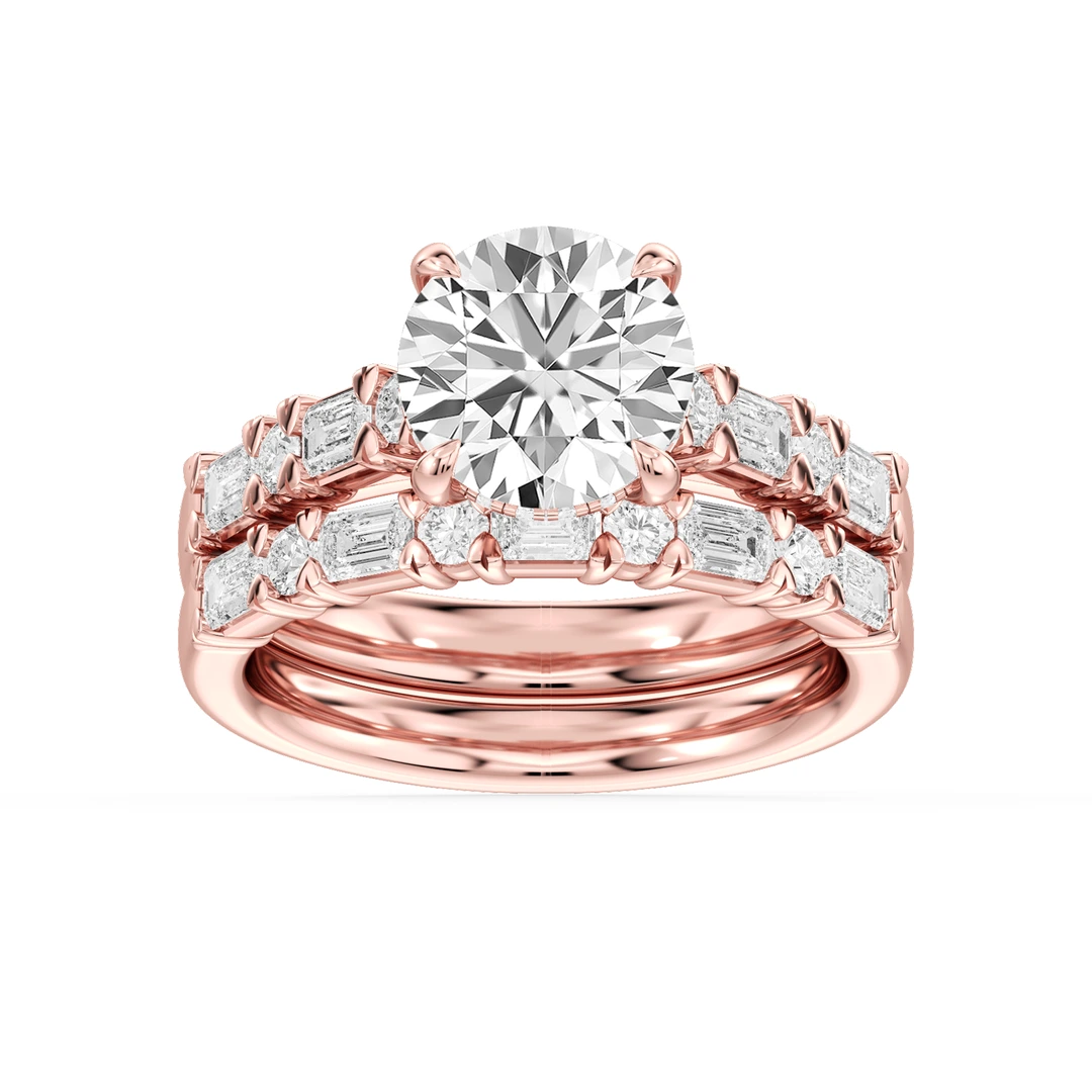 Round Lab Grown Diamond Round and Emerald Cathedral Wedding Set