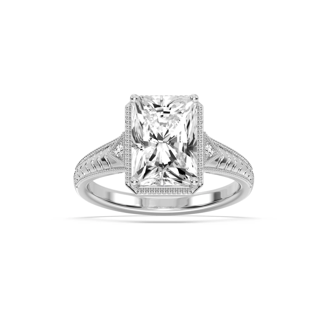 Radiant Lab Grown Diamond Vintage Bezel and Milgrain Side Stone Engagement Ring