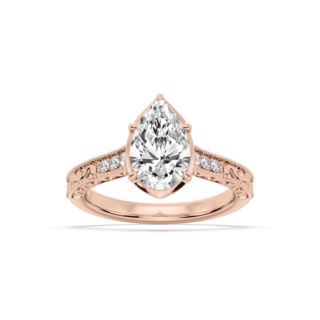 Pear Lab Grown Diamond Vintage Bezel and Scroll Side Stone Engagement Ring