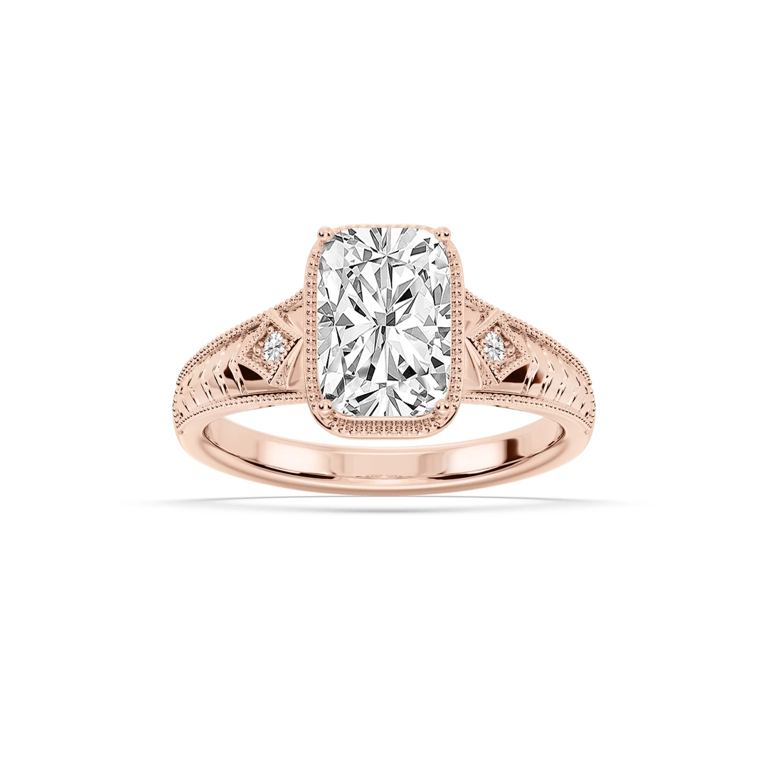 Antique Elongated Cushion Lab Grown Diamond Vintage Bezel Side Stone Engagement Ring