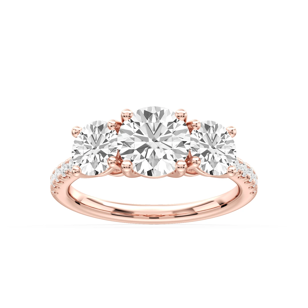 Round Lab Grown Diamond Pave Three Stone Engagement Ring
