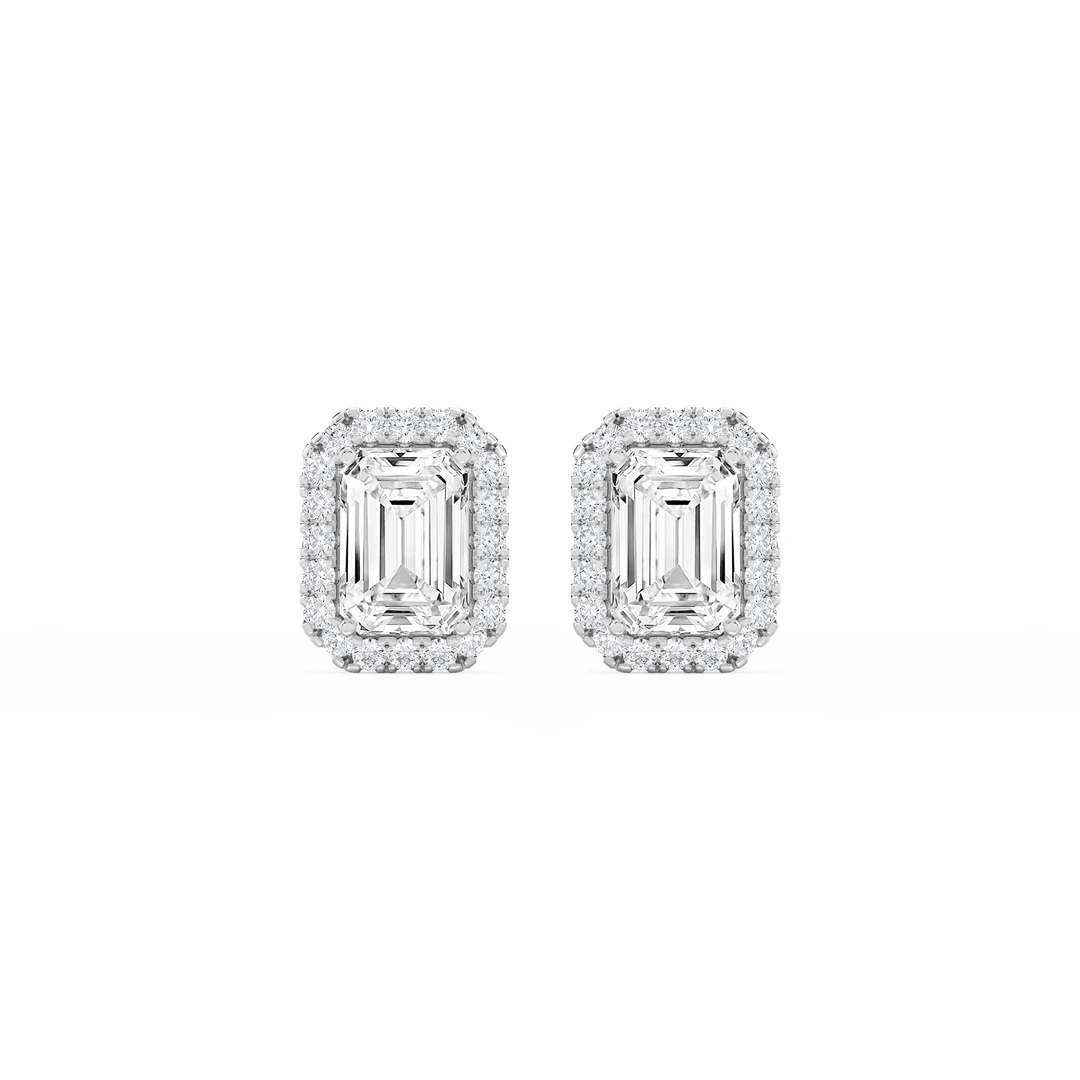 Emerald Lab Grown Diamond Four Prong Basket Halo Stud Earrings