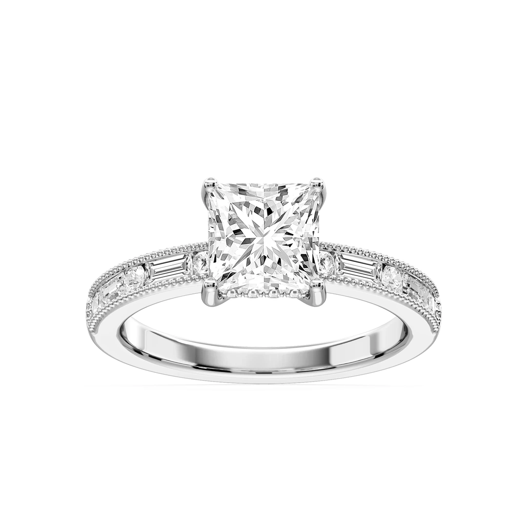 Princess Lab Grown Diamond Milgrain Channel Hidden Halo Engagement Ring