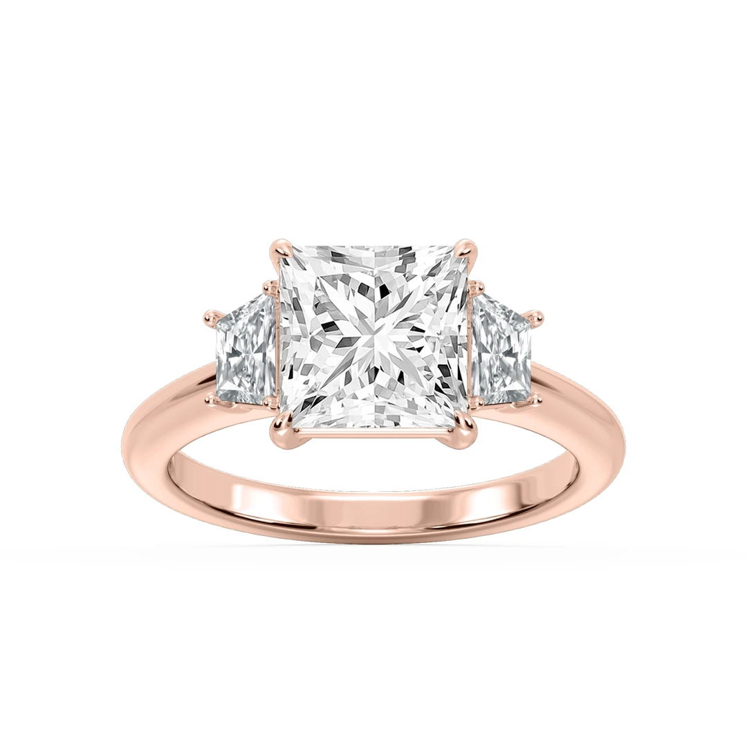 Princess Lab Grown Diamond Trapezoid Sides Claw Prong Three Stone Engagement Ring